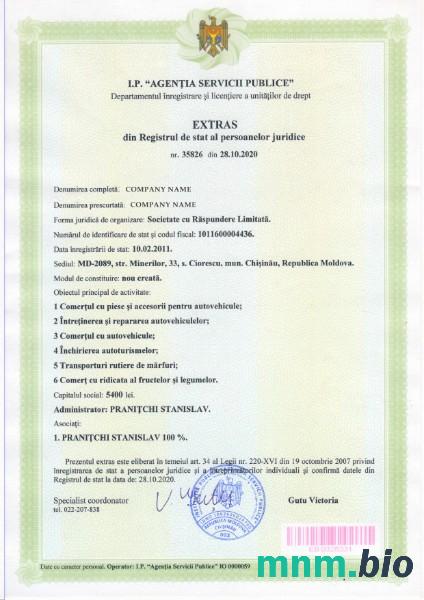 Mołdawski certyfikat założycielski Word i szablon PDF